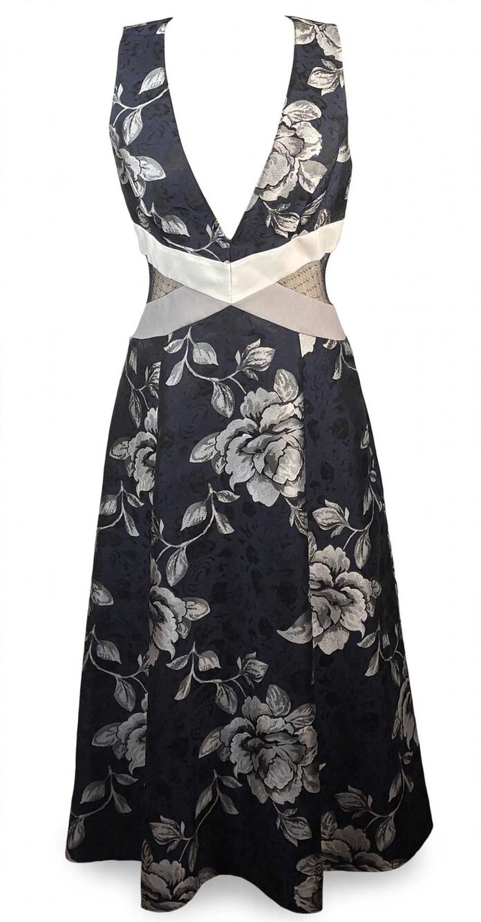 ABS Allen Schwartz Navy Floral Jacquard Cutout Midi Dress 6 NWT
